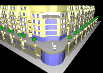 rendering of a city block with a mixed use building.
