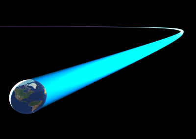 A rendering of Earth with an arc of light trailing behind it.