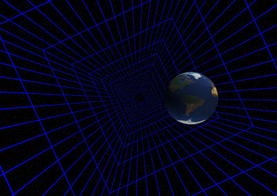 Computer generated image of Earth in a tunnel of light beams and a starfield.