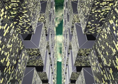 Computer rendering of an orbiting city.